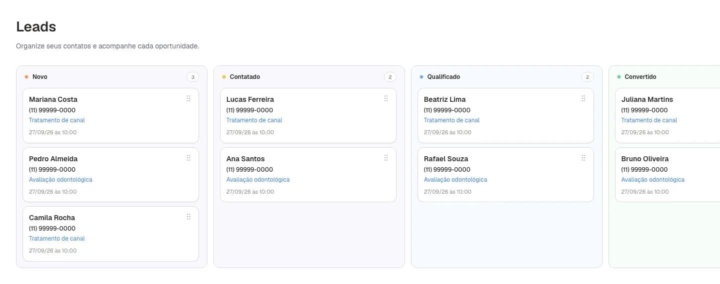 CRM em Kanban com contatos fictícios organizados por etapa
