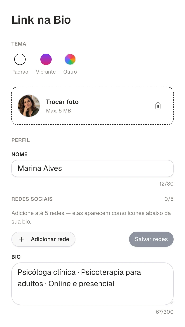 Interface MiniAds: como criar seu link na bio, com dados fictícios