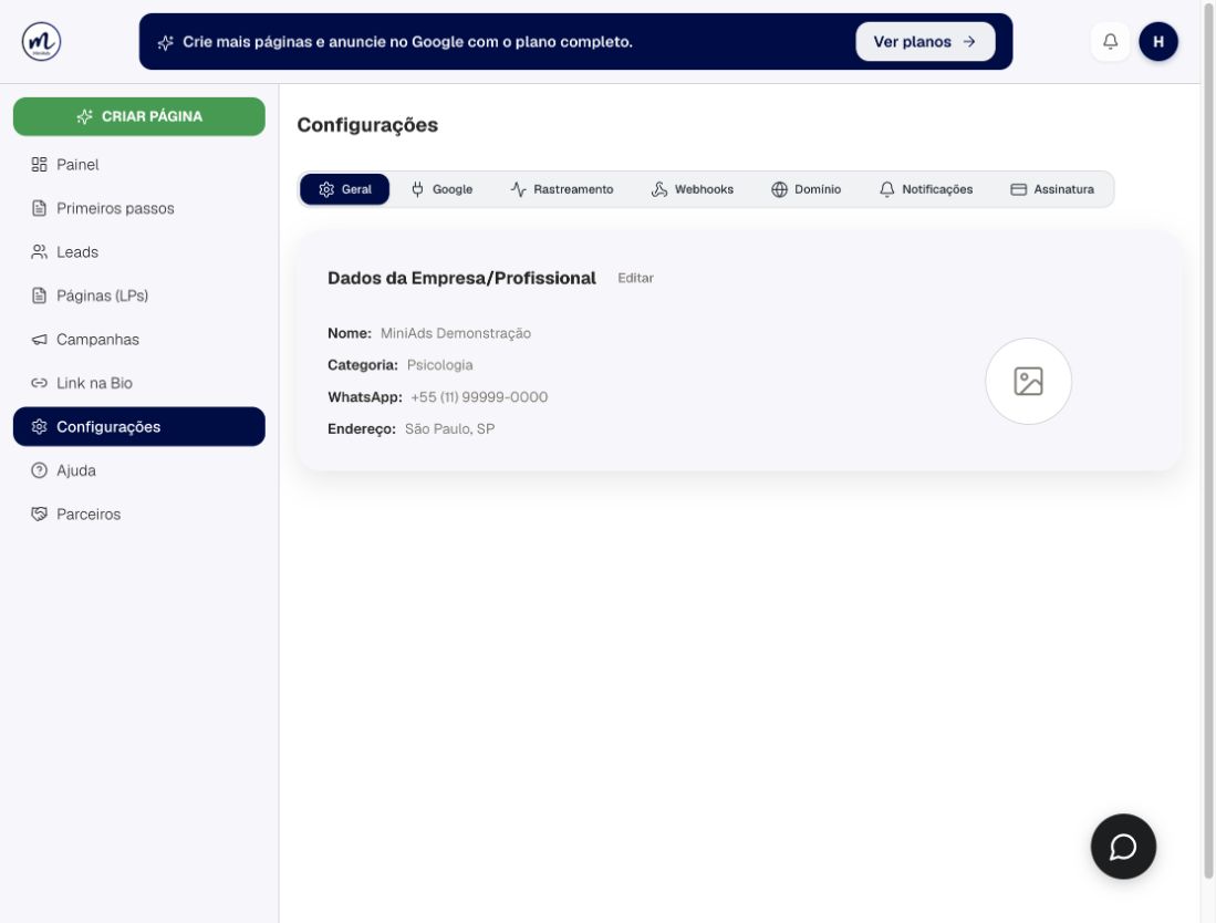 Configurações gerais do MiniAds com os dados fictícios da organização de demonstração
