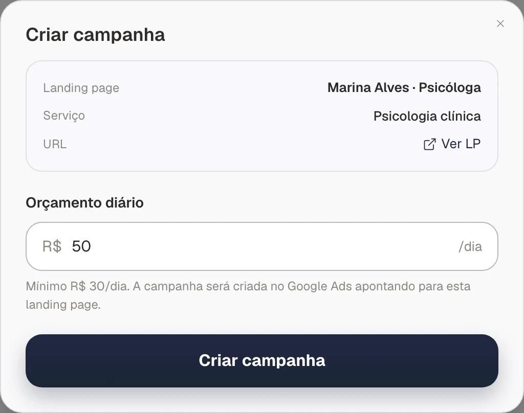 Interface MiniAds: como criar uma campanha no google, com dados fictícios