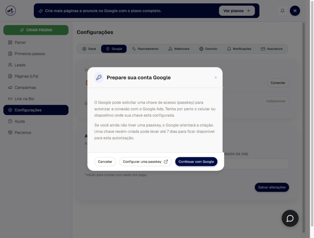 Aviso real Prepare sua conta Google antes de continuar a autorização
