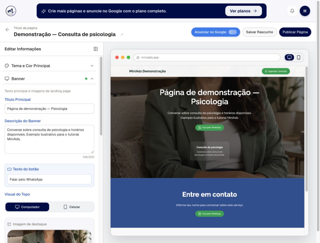 Editor real de landing page do MiniAds com título, descrição, botão e prévia de demonstração