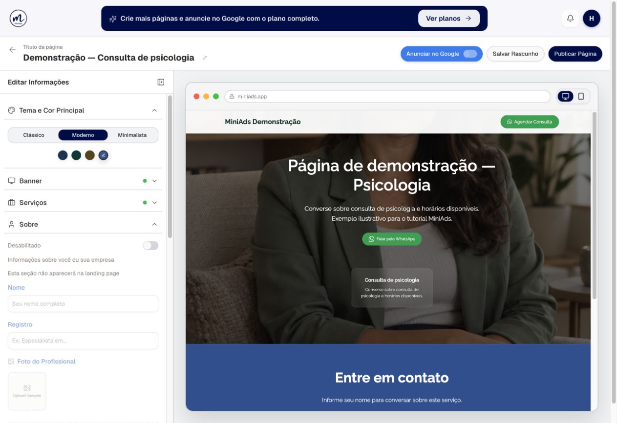 Editor MiniAds com Tema e Cor Principal aberto, modelos Clássico, Moderno e Minimalista e seção Sobre desabilitada