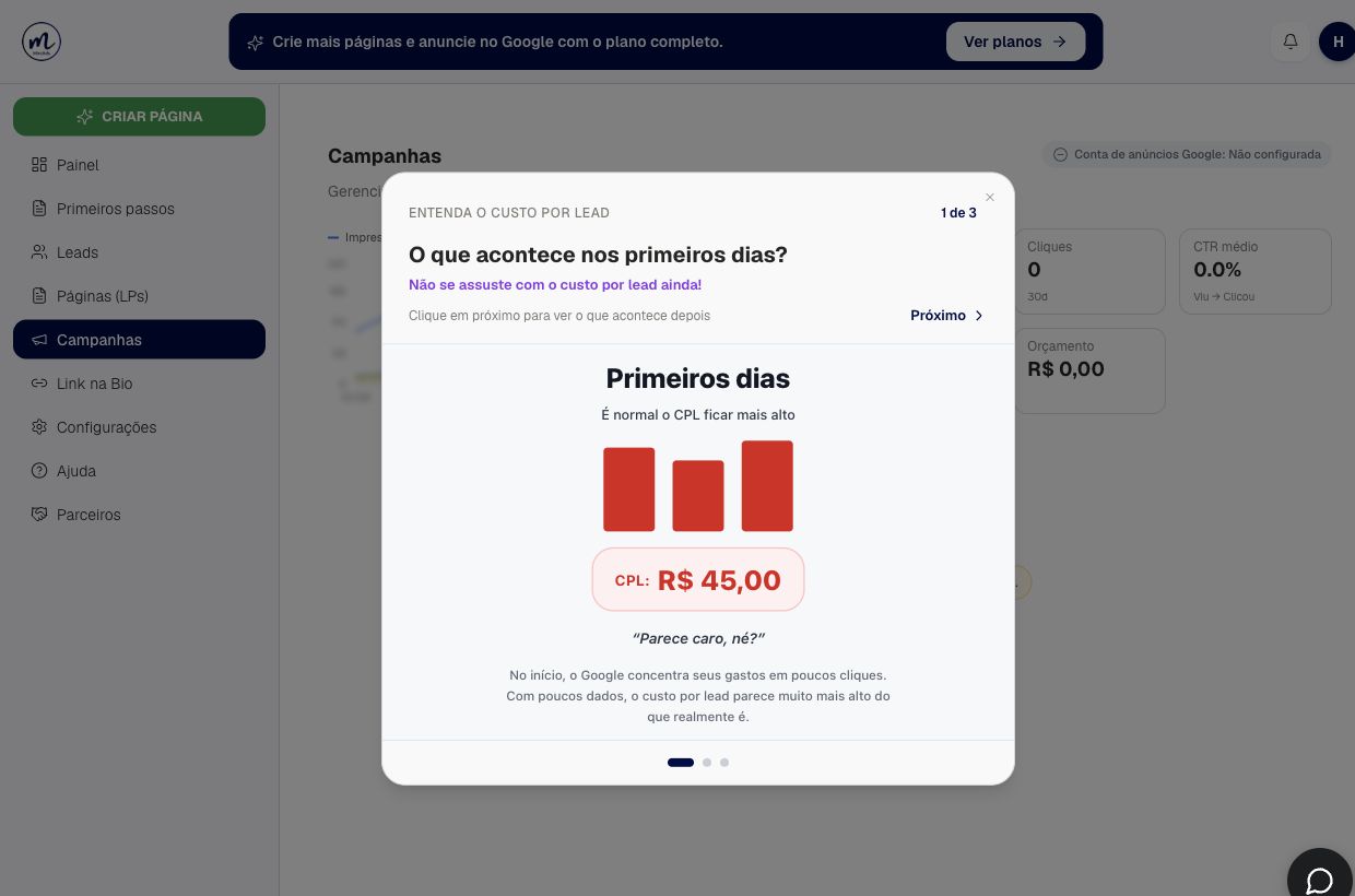 Resultado de abra a explicação de custo por lead na conta de demonstração