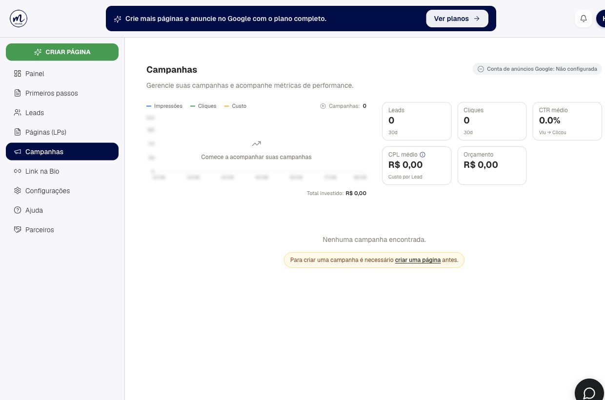 Resultado de encontre suas campanhas no painel na conta de demonstração