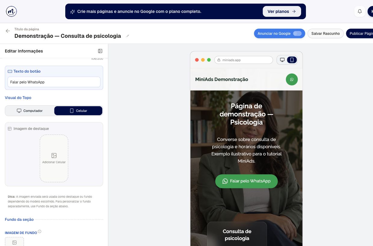 Resultado de veja a prévia em formato de celular na conta de demonstração