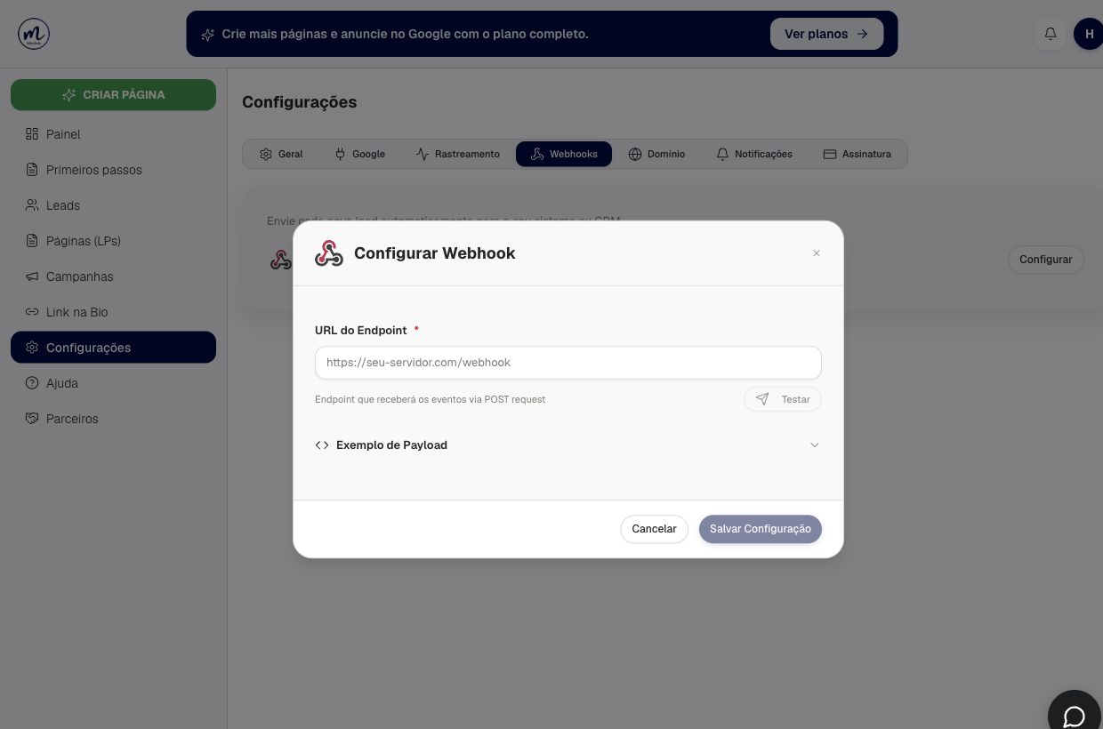 Resultado de abra a configuração do webhook na conta de demonstração