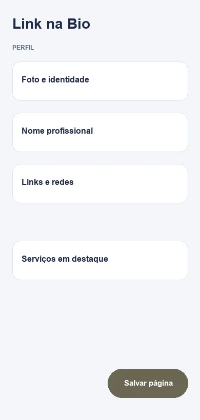 Editor do Link na Bio com dados fictícios de profissionais e espaços de acupuntura
