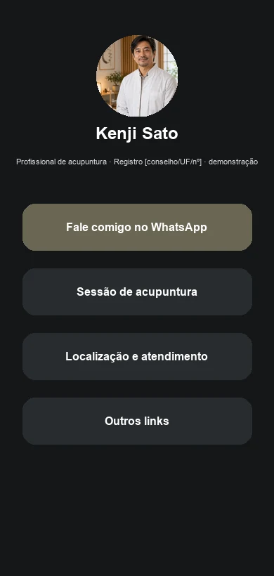 Link na Bio fictício contextualizado para profissionais e espaços de acupuntura