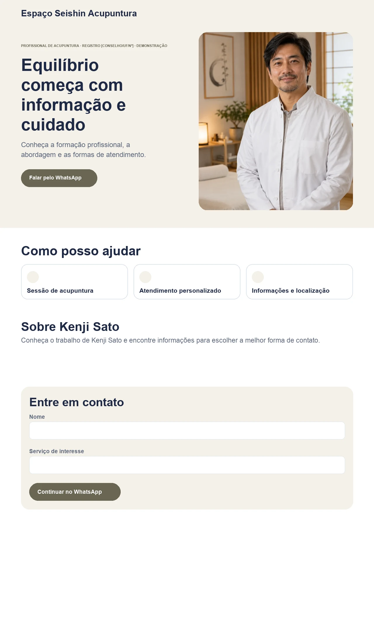 Página profissional fictícia para profissionais e espaços de acupuntura, exibida no computador