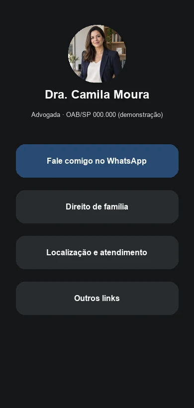 Link na Bio fictício contextualizado para advogados e escritórios de advocacia