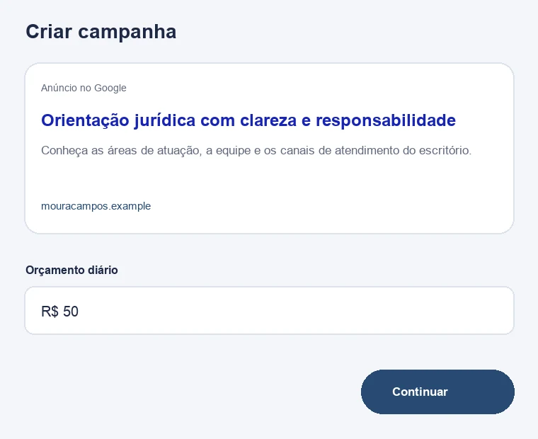 Configuração ilustrativa de campanha no Google para advogados e escritórios de advocacia