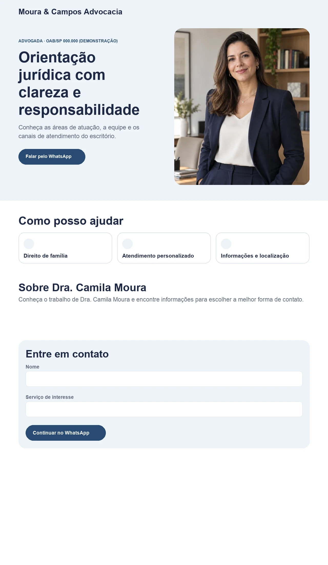 Página profissional fictícia para advogados e escritórios de advocacia, exibida no computador