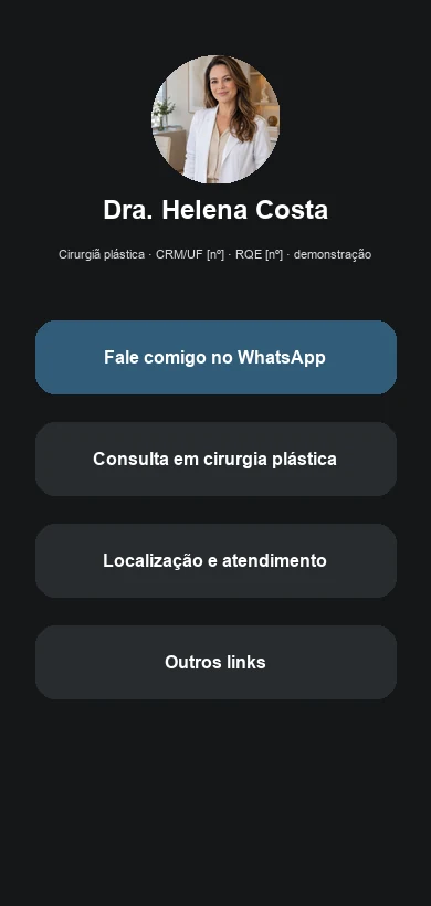 Link na Bio fictício contextualizado para cirurgiões plásticos e clínicas de cirurgia plástica