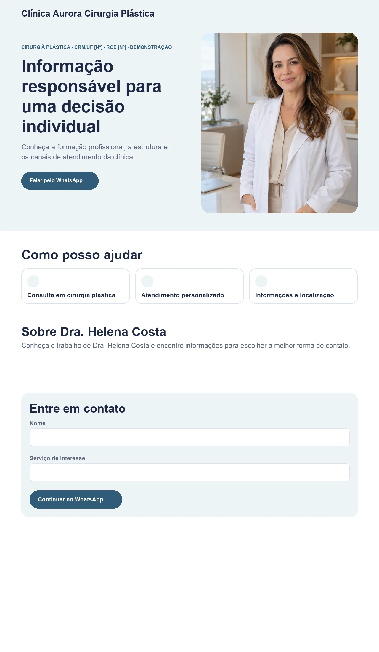 Página profissional fictícia para cirurgiões plásticos e clínicas de cirurgia plástica, exibida no computador