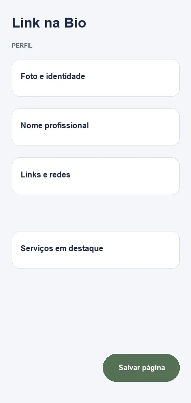 Editor do Link na Bio com dados fictícios de clínicas capilares e profissionais de saúde capilar
