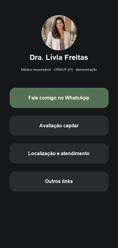 Link na Bio fictício contextualizado para clínicas capilares e profissionais de saúde capilar