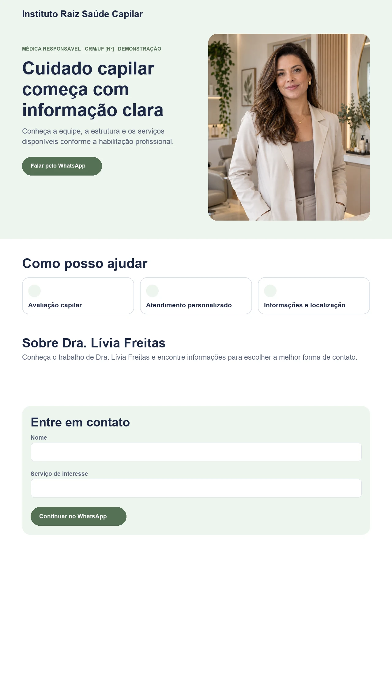Página profissional fictícia para clínicas capilares e profissionais de saúde capilar, exibida no computador