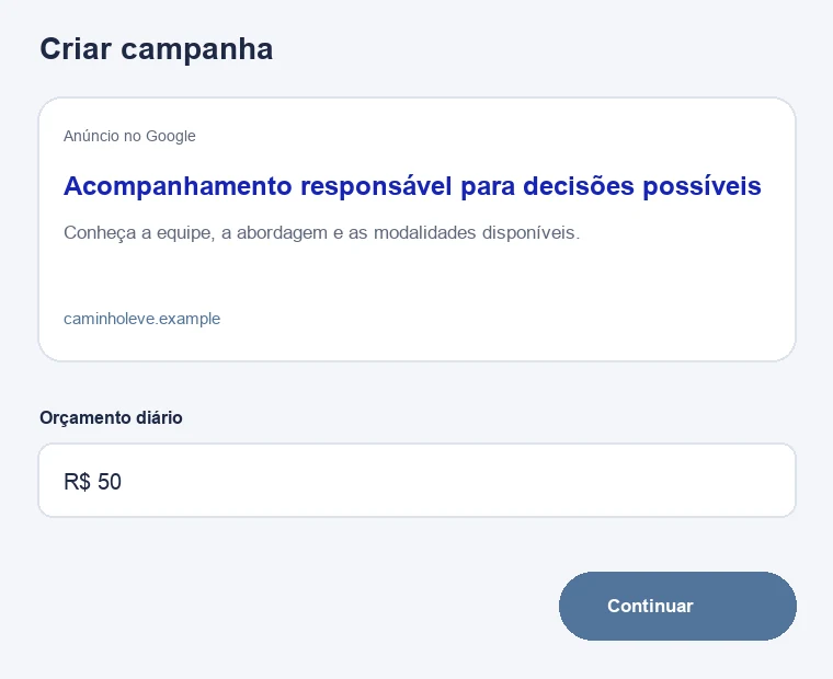Configuração ilustrativa de campanha no Google para clínicas e equipes de acompanhamento de peso