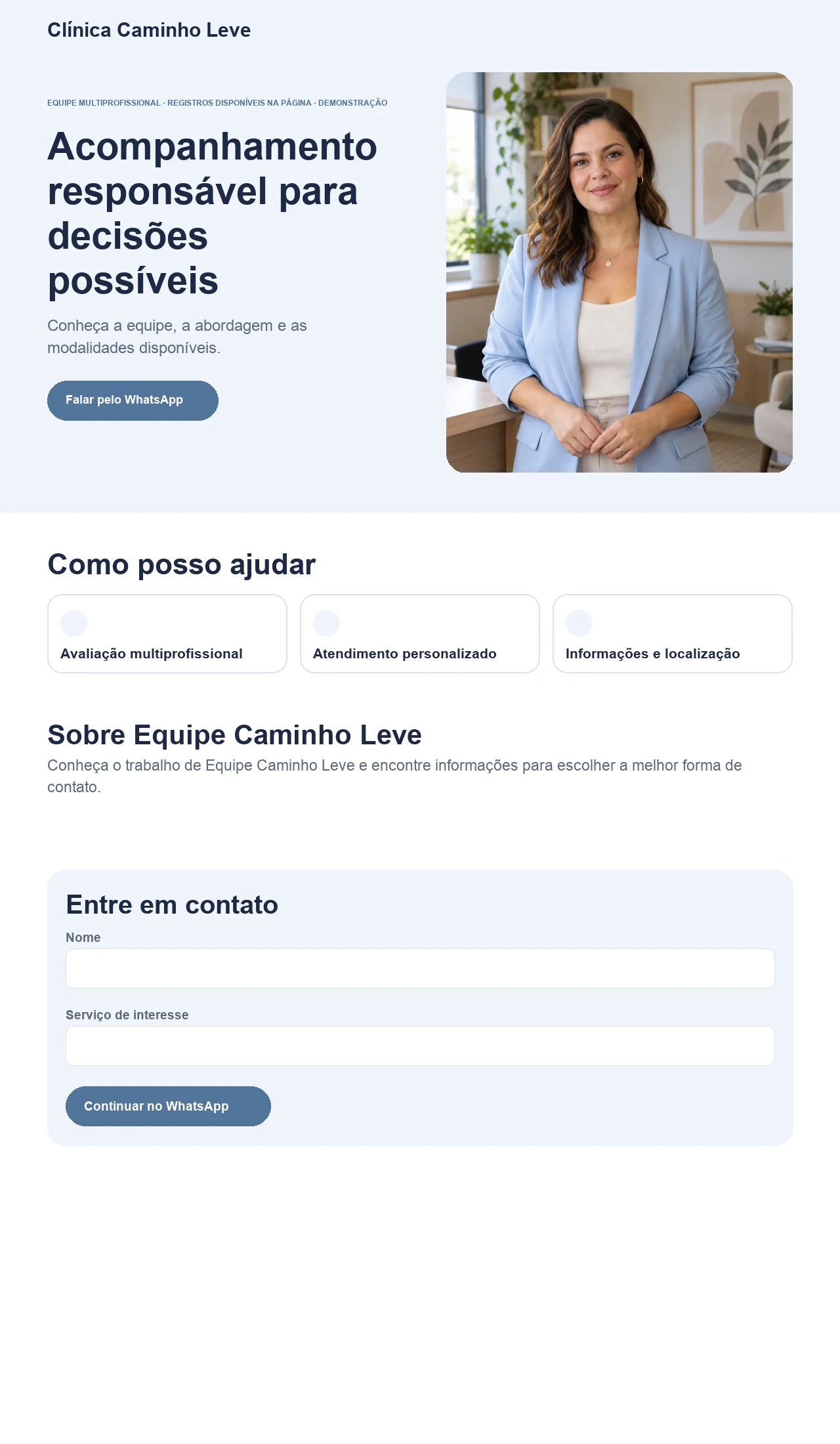 Página profissional fictícia para clínicas e equipes de acompanhamento de peso, exibida no computador