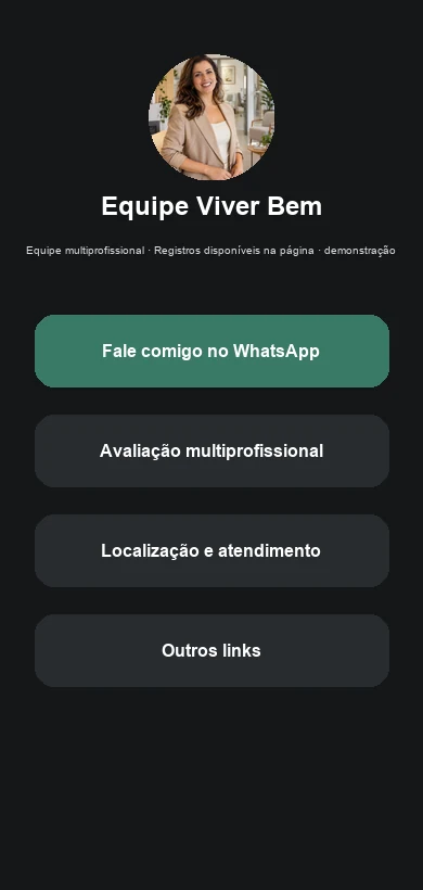 Link na Bio fictício contextualizado para clínicas multiprofissionais de saúde e bem-estar