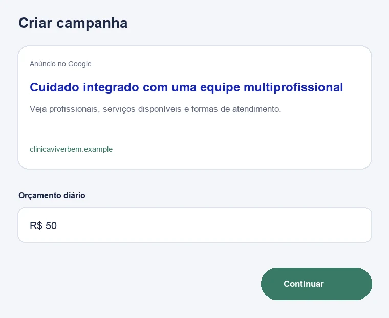 Configuração ilustrativa de campanha no Google para clínicas multiprofissionais de saúde e bem-estar