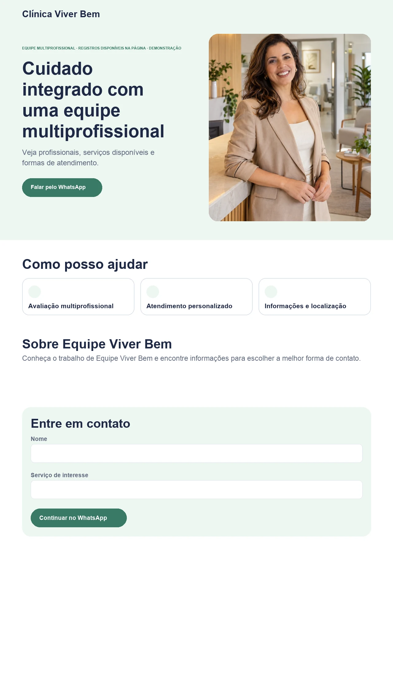 Página profissional fictícia para clínicas multiprofissionais de saúde e bem-estar, exibida no computador