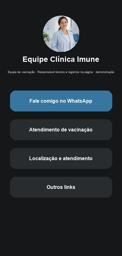 Link na Bio fictício contextualizado para clínicas e serviços de vacinação