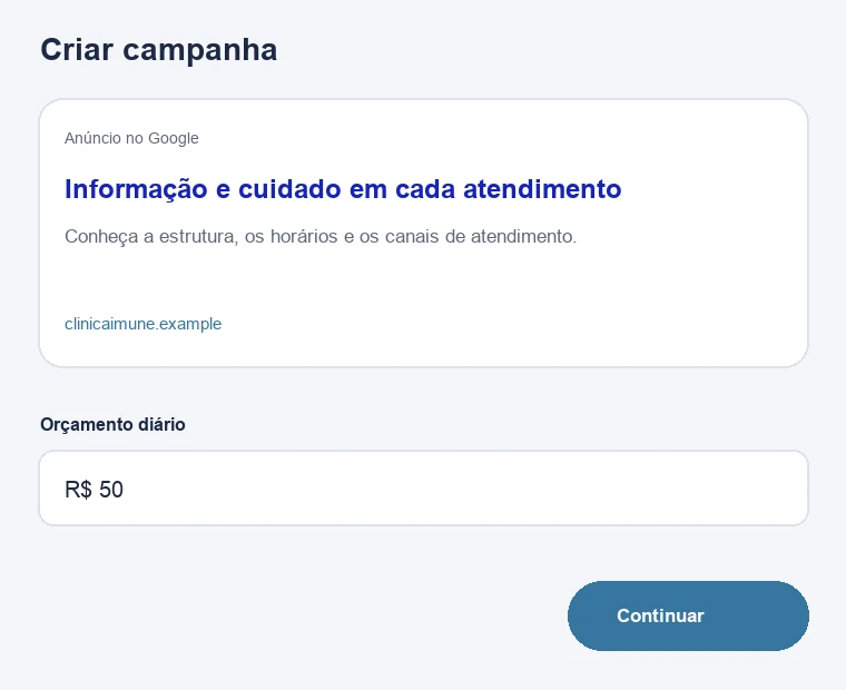 Configuração ilustrativa de campanha no Google para clínicas e serviços de vacinação