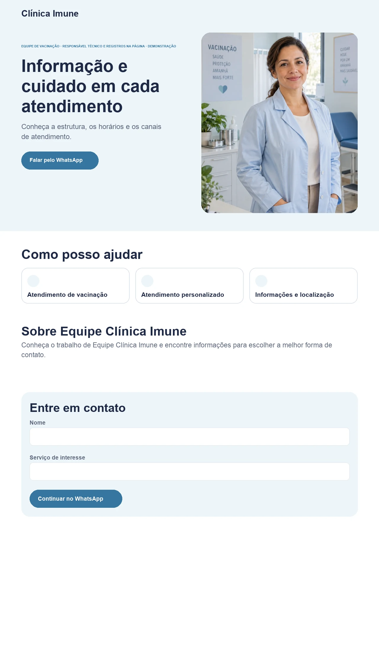 Página profissional fictícia para clínicas e serviços de vacinação, exibida no computador