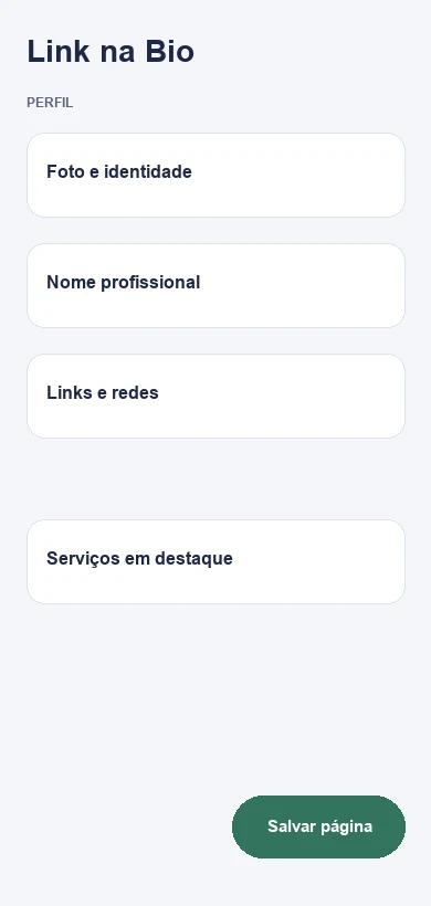 Editor do Link na Bio com dados fictícios de médicos-veterinários e clínicas veterinárias