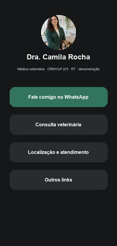 Link na Bio fictício contextualizado para médicos-veterinários e clínicas veterinárias