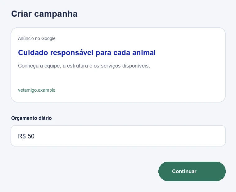 Configuração ilustrativa de campanha no Google para médicos-veterinários e clínicas veterinárias
