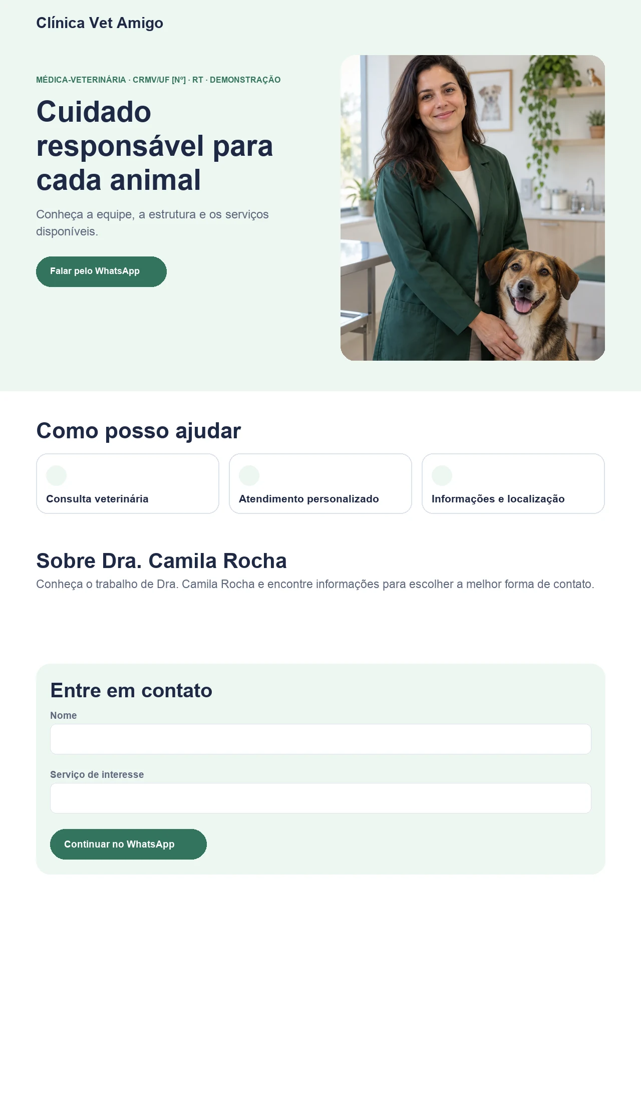 Página profissional fictícia para médicos-veterinários e clínicas veterinárias, exibida no computador