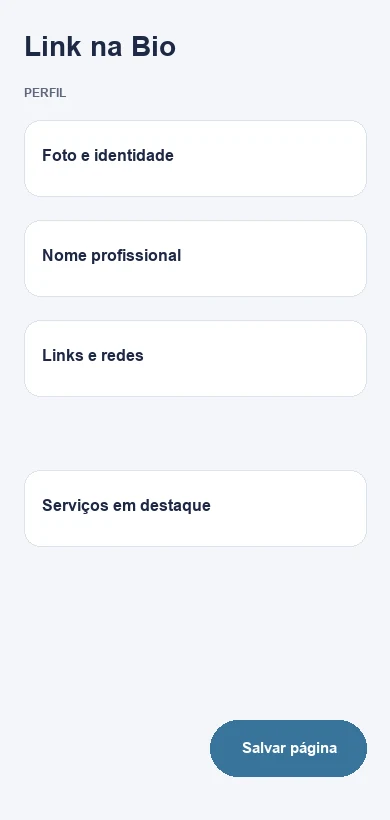 Editor do Link na Bio com dados fictícios de cuidadores de idosos e serviços de cuidado