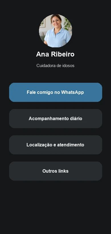 Link na Bio fictício contextualizado para cuidadores de idosos e serviços de cuidado