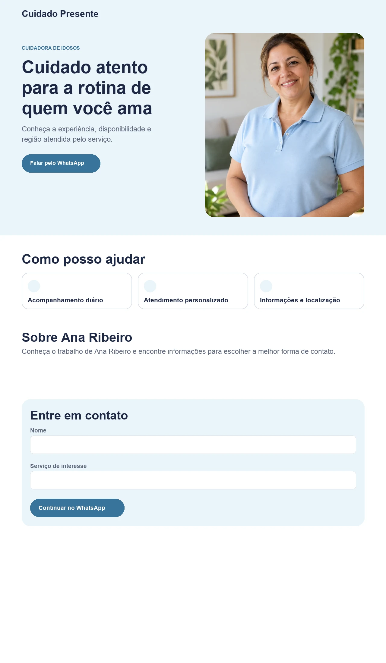 Página profissional fictícia para cuidadores de idosos e serviços de cuidado, exibida no computador