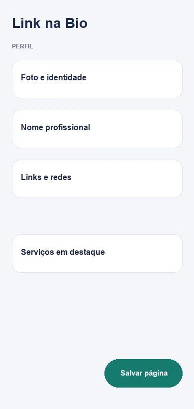 Editor do Link na Bio com dados fictícios de dentistas e clínicas odontológicas