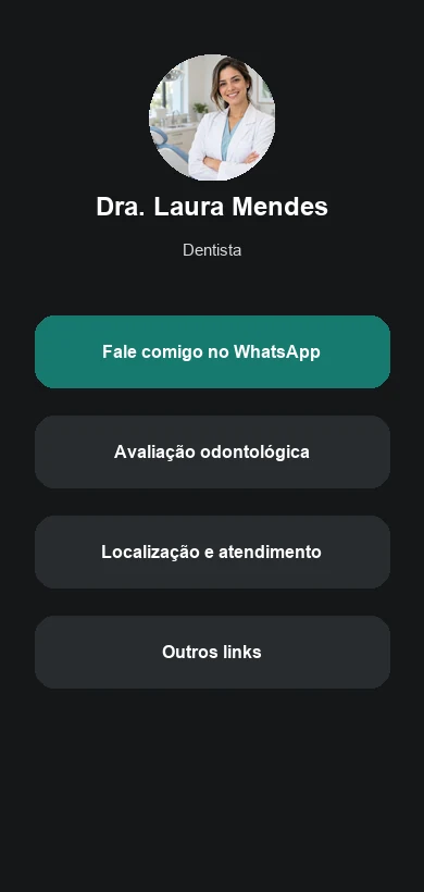 Link na Bio fictício contextualizado para dentistas e clínicas odontológicas