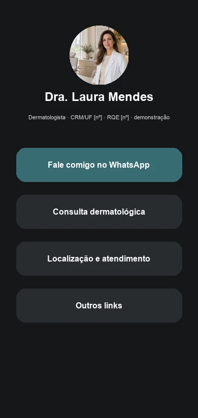 Link na Bio fictício contextualizado para dermatologistas e clínicas dermatológicas