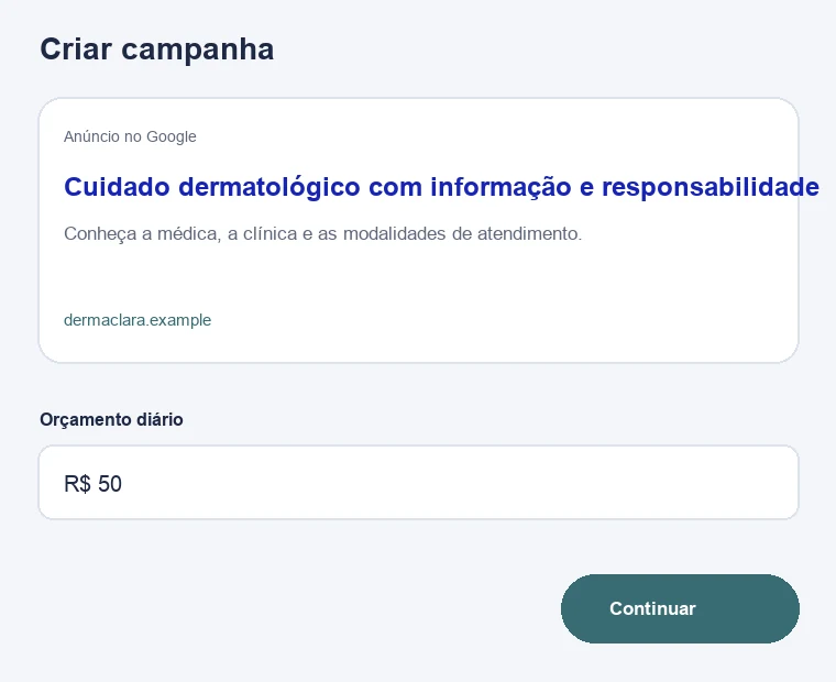 Configuração ilustrativa de campanha no Google para dermatologistas e clínicas dermatológicas