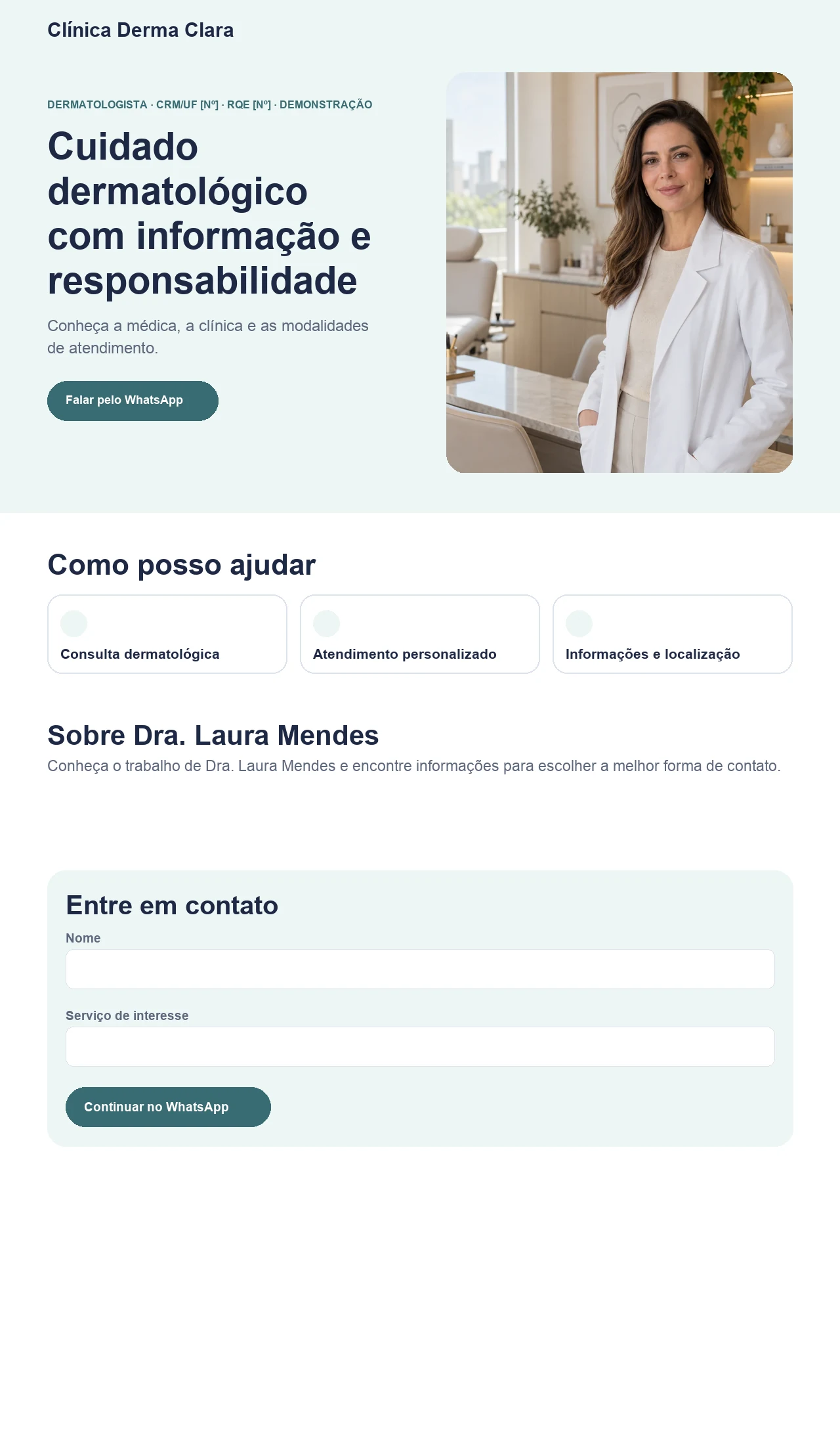 Página profissional fictícia para dermatologistas e clínicas dermatológicas, exibida no computador