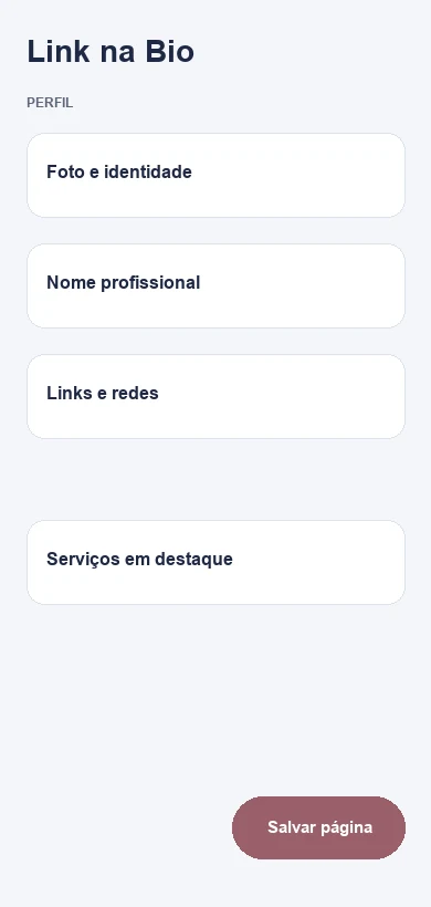 Editor do Link na Bio com dados fictícios de esteticistas e clínicas de estética