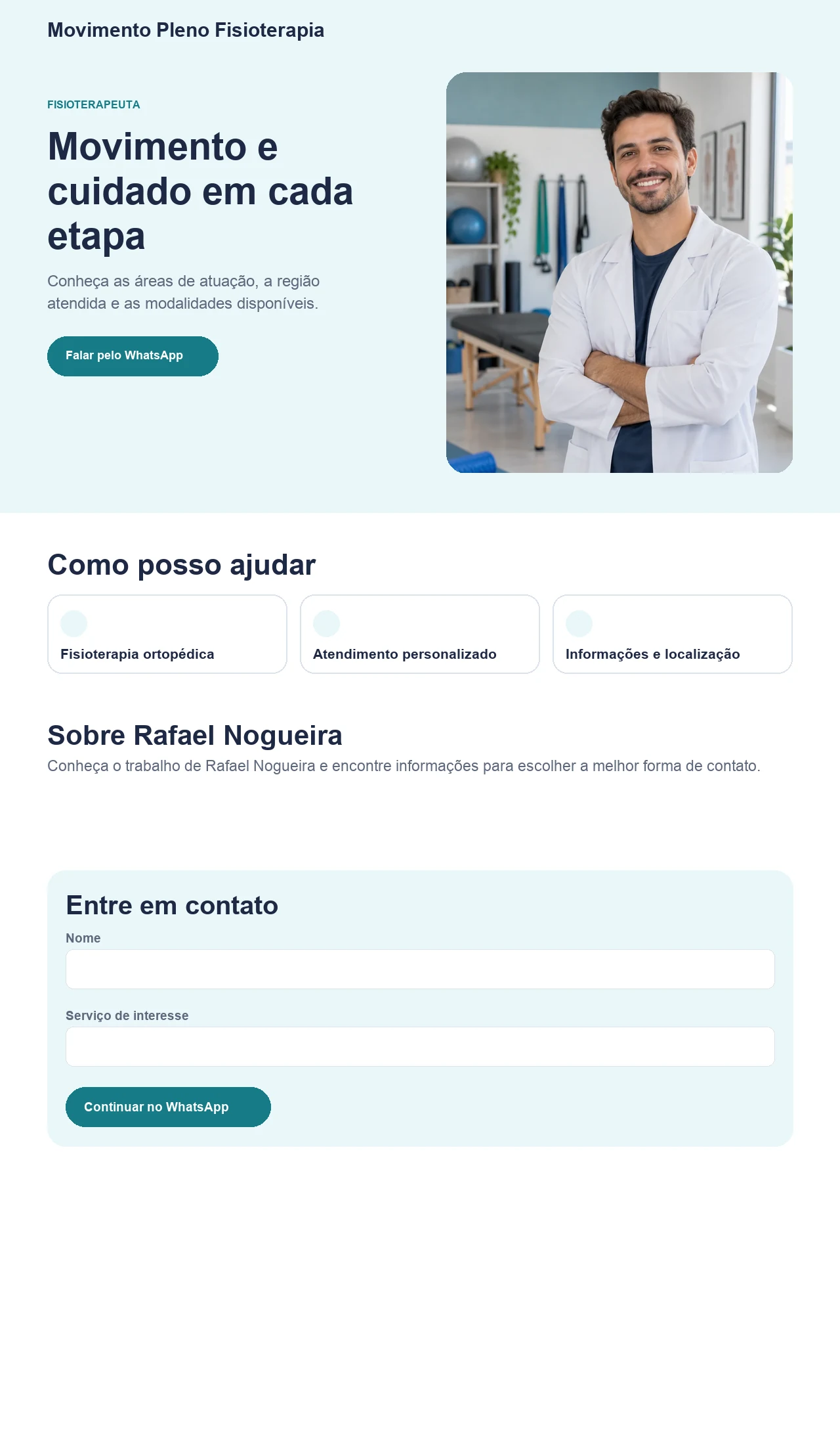 Página profissional fictícia para fisioterapeutas e clínicas de fisioterapia, exibida no computador