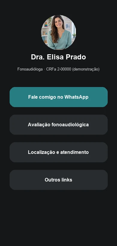 Link na Bio fictício contextualizado para fonoaudiólogos e clínicas de Fonoaudiologia