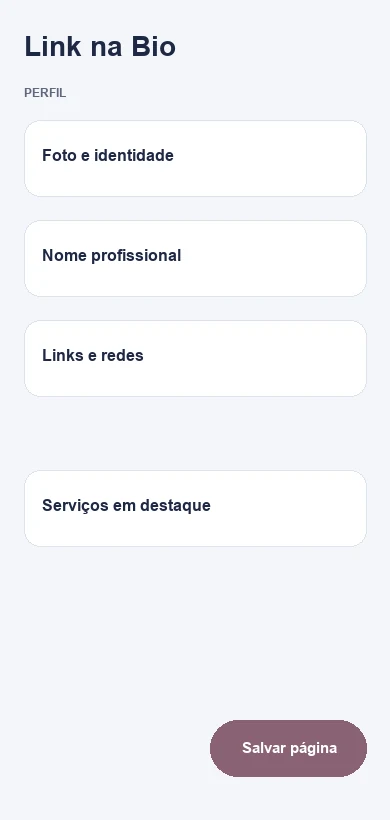 Editor do Link na Bio com dados fictícios de ginecologistas e clínicas de saúde da mulher