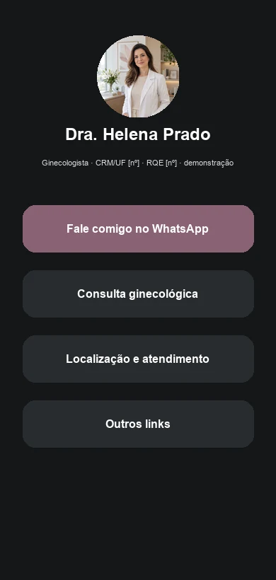 Link na Bio fictício contextualizado para ginecologistas e clínicas de saúde da mulher