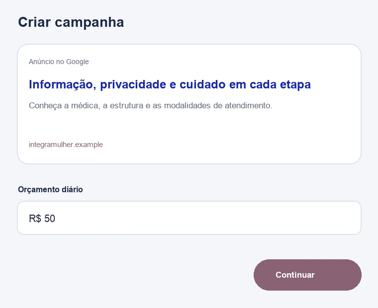 Configuração ilustrativa de campanha no Google para ginecologistas e clínicas de saúde da mulher