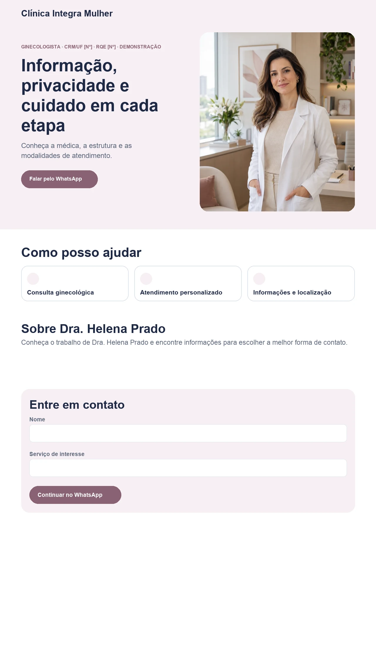 Página profissional fictícia para ginecologistas e clínicas de saúde da mulher, exibida no computador