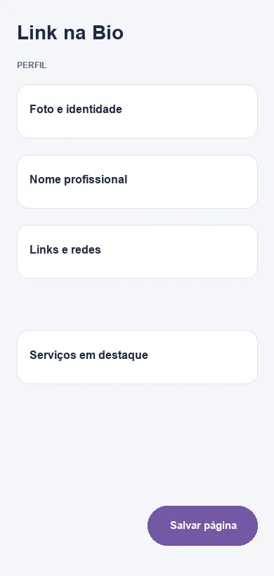 Editor do Link na Bio com dados fictícios de lash designers